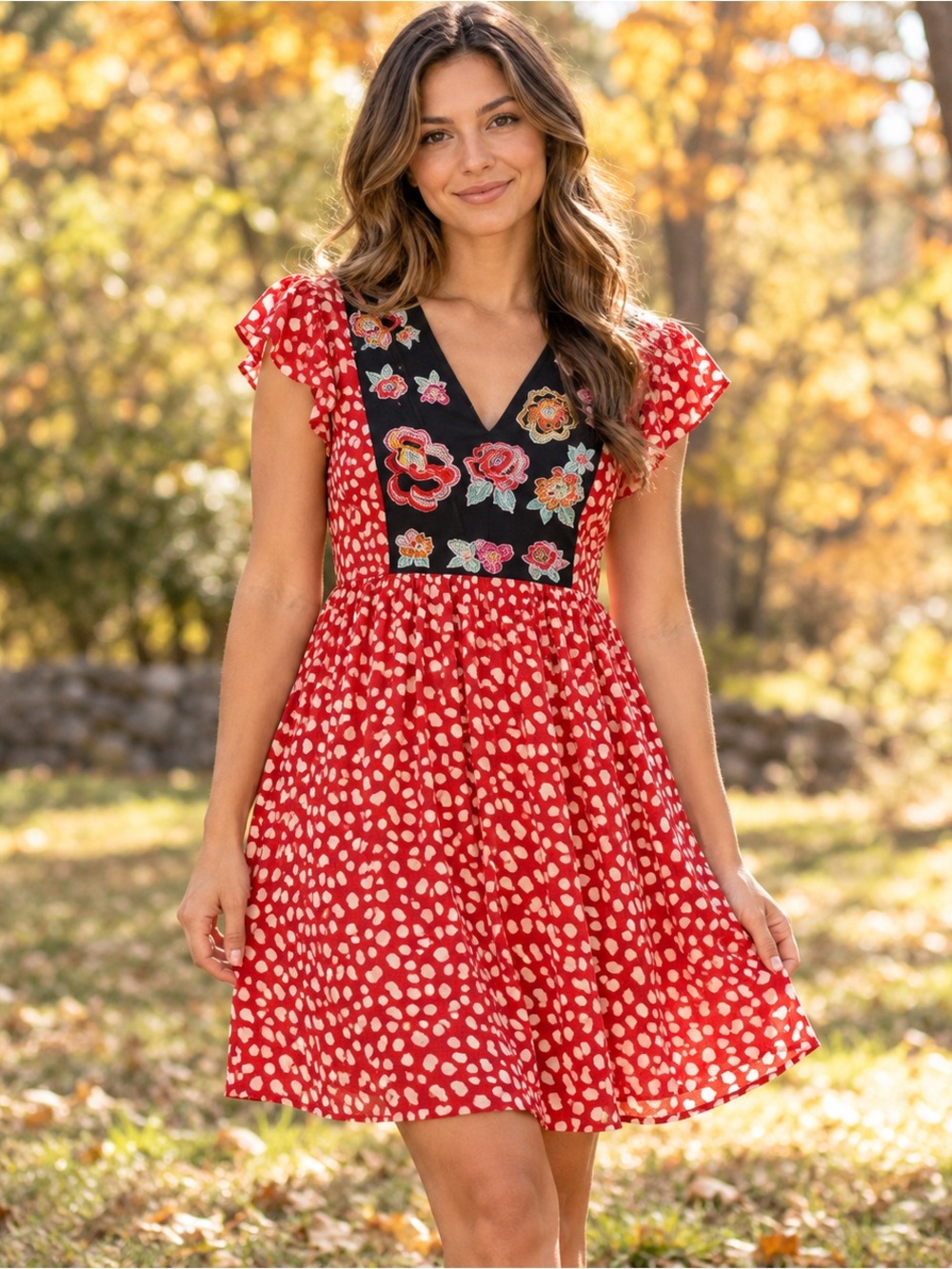 Kirundo Red Print Dress M Black Floral Bodice Flutter Sleeve